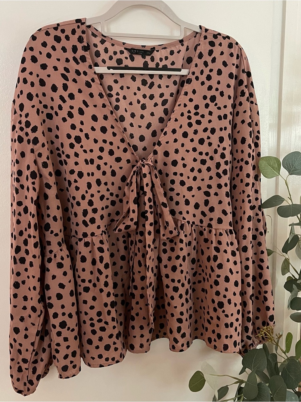 SHEIN Pink Blouse with Black Spot Tie-Front Peplum